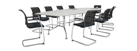 Glass Boardroom Table with Chrome Frame & Fabric Chairs with Chrome Frame & mesh fabric back