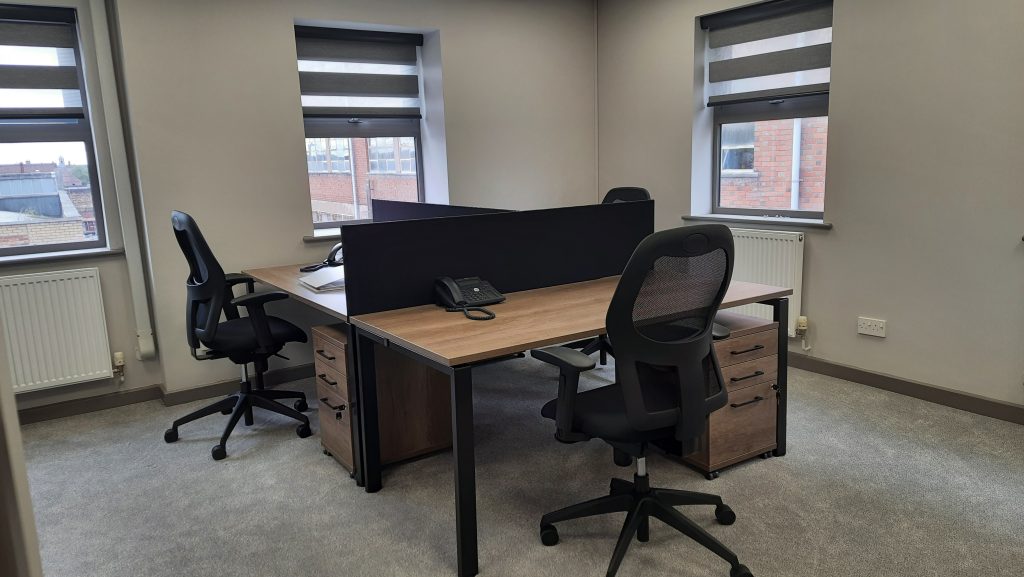 Showing Office Bench Desks Configuration with Office Divider Screes, 3 Draw Pedestals & Alto Chairs